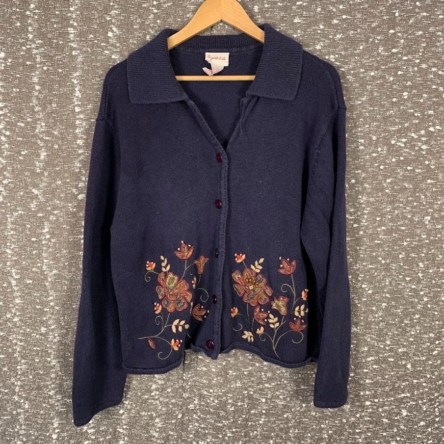 Vintage Crystal Kobe Floral Knit Cardigan Sweater Cottagecore Women's Large